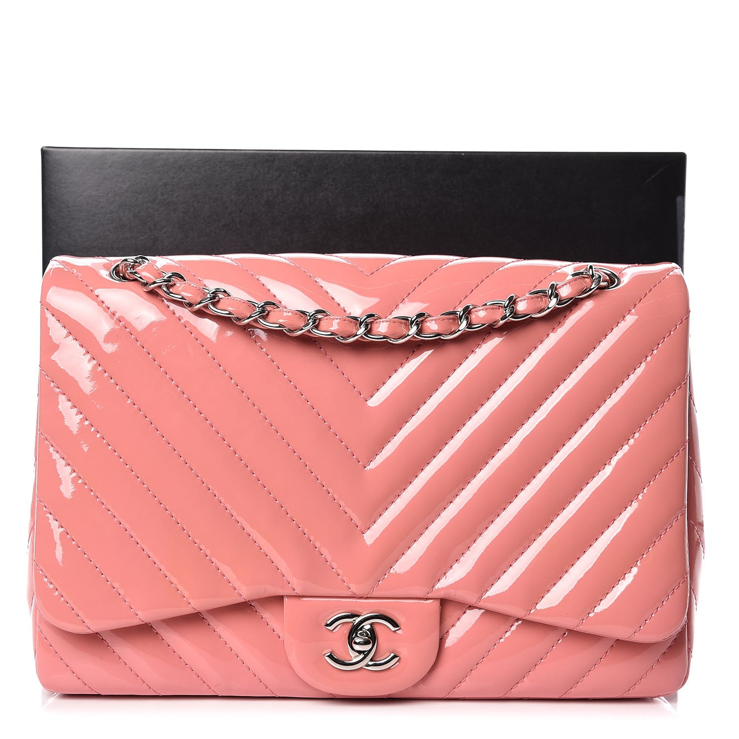 Patent Chevron Quilted Jumbo Single Flap Pink