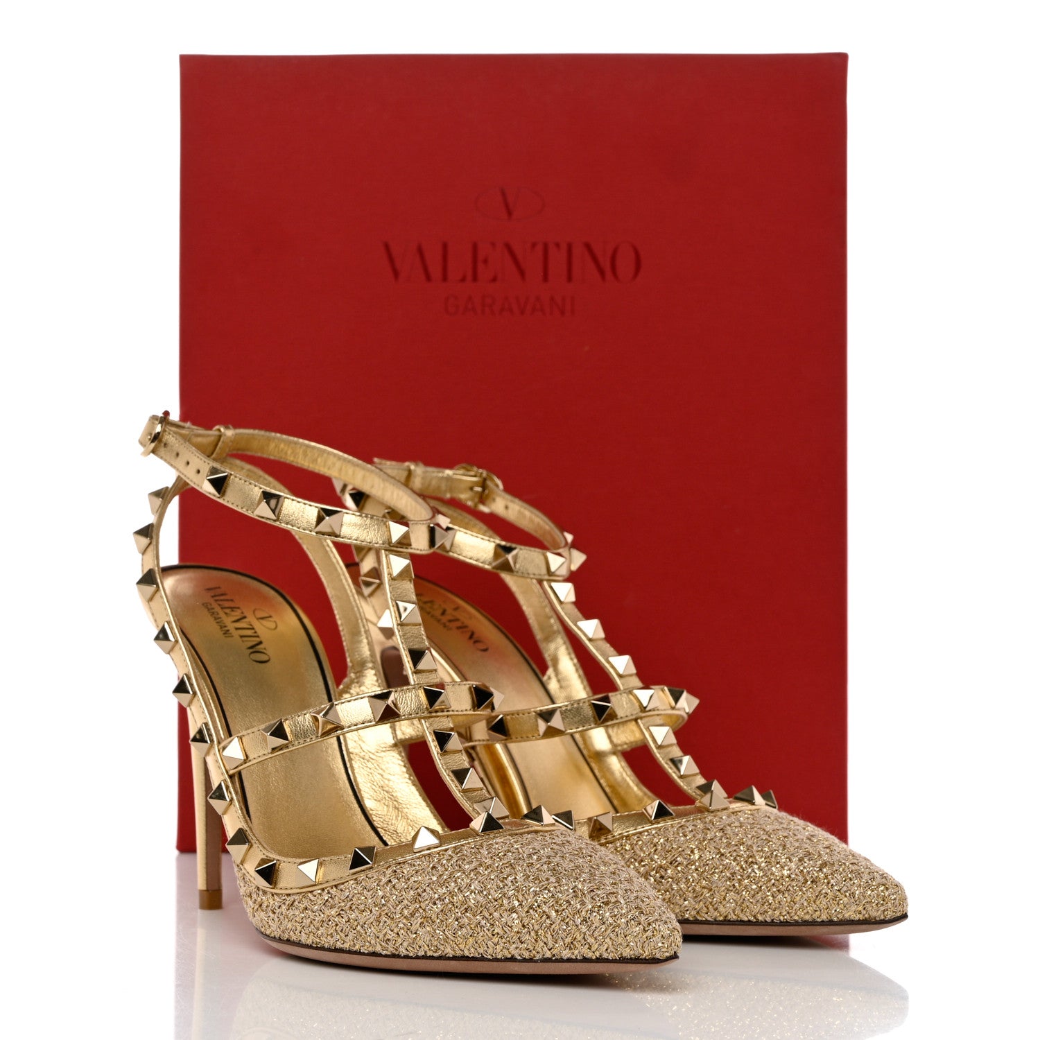 Valentino Garavani Boucle Raffia Metallic Calfskin Rockstud Ankle Strap 100mm Pumps 35 Gold Mekong 7 of 9
