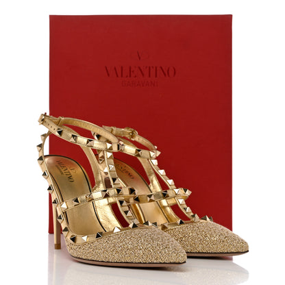 Valentino Garavani Boucle Raffia Metallic Calfskin Rockstud Ankle Strap 100mm Pumps 35 Gold Mekong 7 of 9
