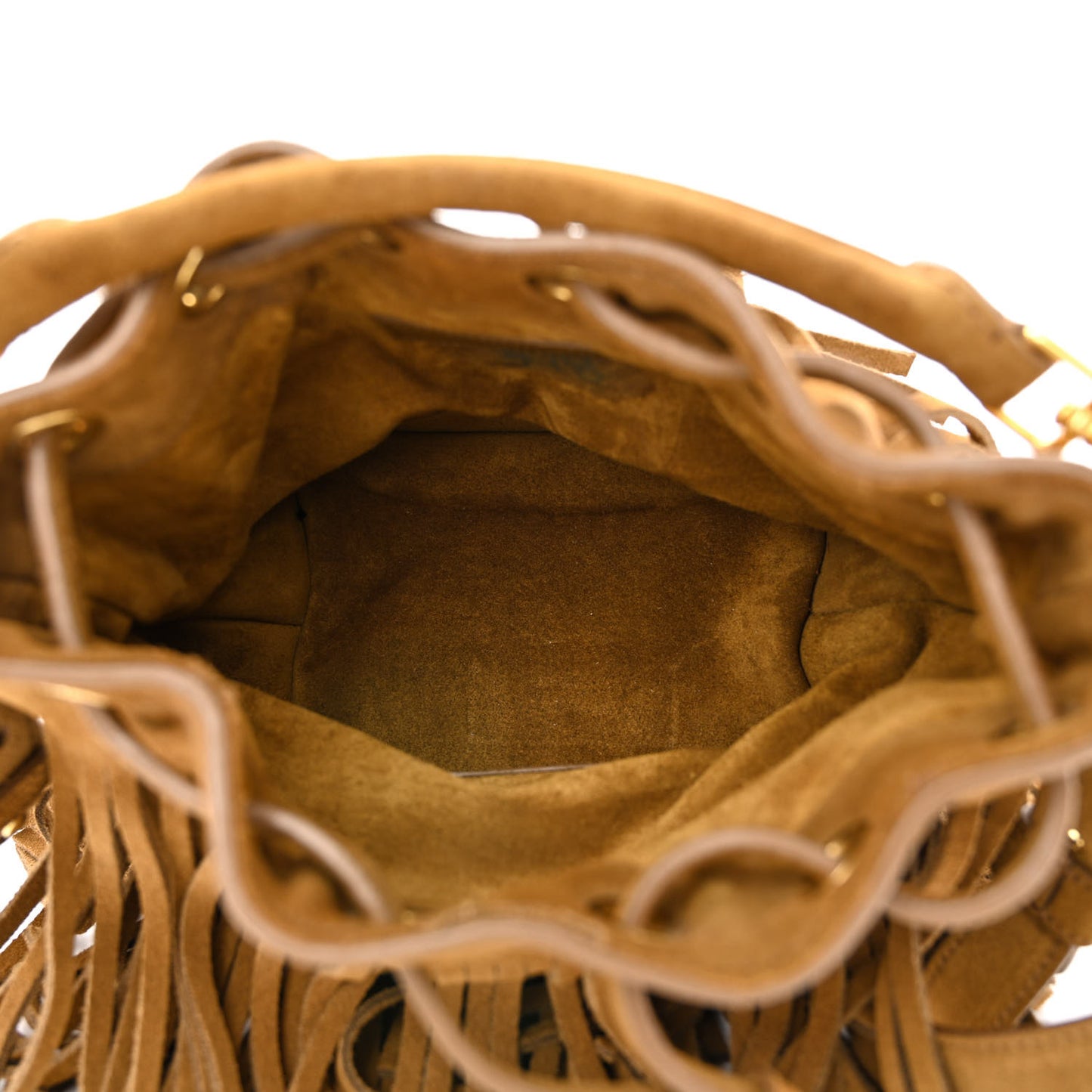 Suede Calfskin Small Emmanuelle Fringe Bucket Bag Light Ocre