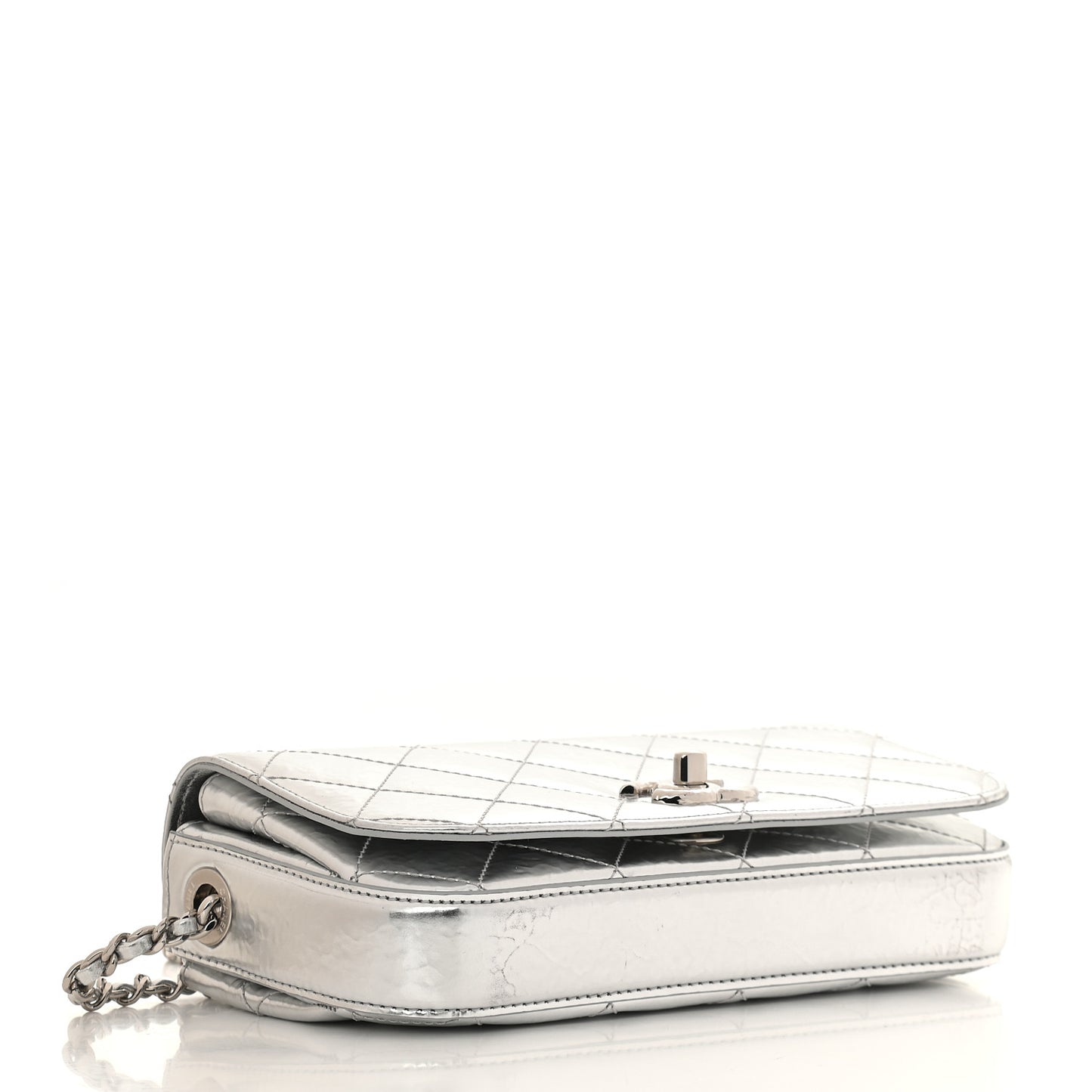 Hammered Metallic Calfskin Quilted Flap Silver
