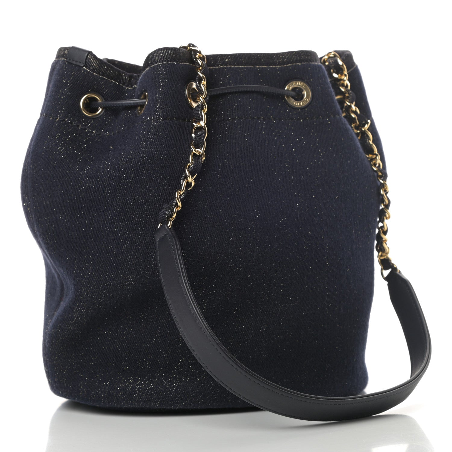 Chanel Lurex Canvas Deauville Drawstring Bag Navy Blue Gold 3 of 10
