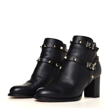 Valentino Garavani Pebbled Calfskin Rockstud Double Buckle 70mm Block Heel Ankle Boots 36 Black 2 of 8