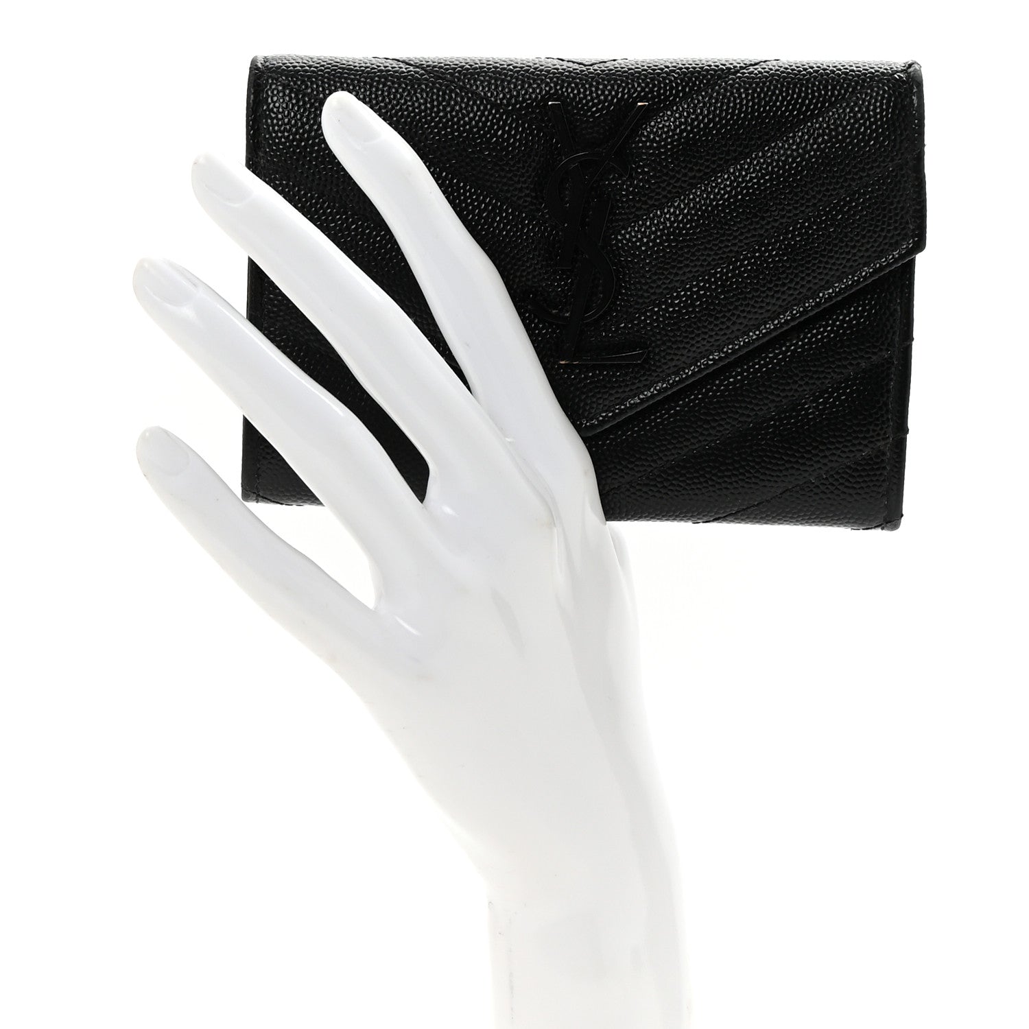 Saint Laurent Grain De Poudre Matelasse Chevron Monogram Monochrome Compact Wallet Black 2 of 6