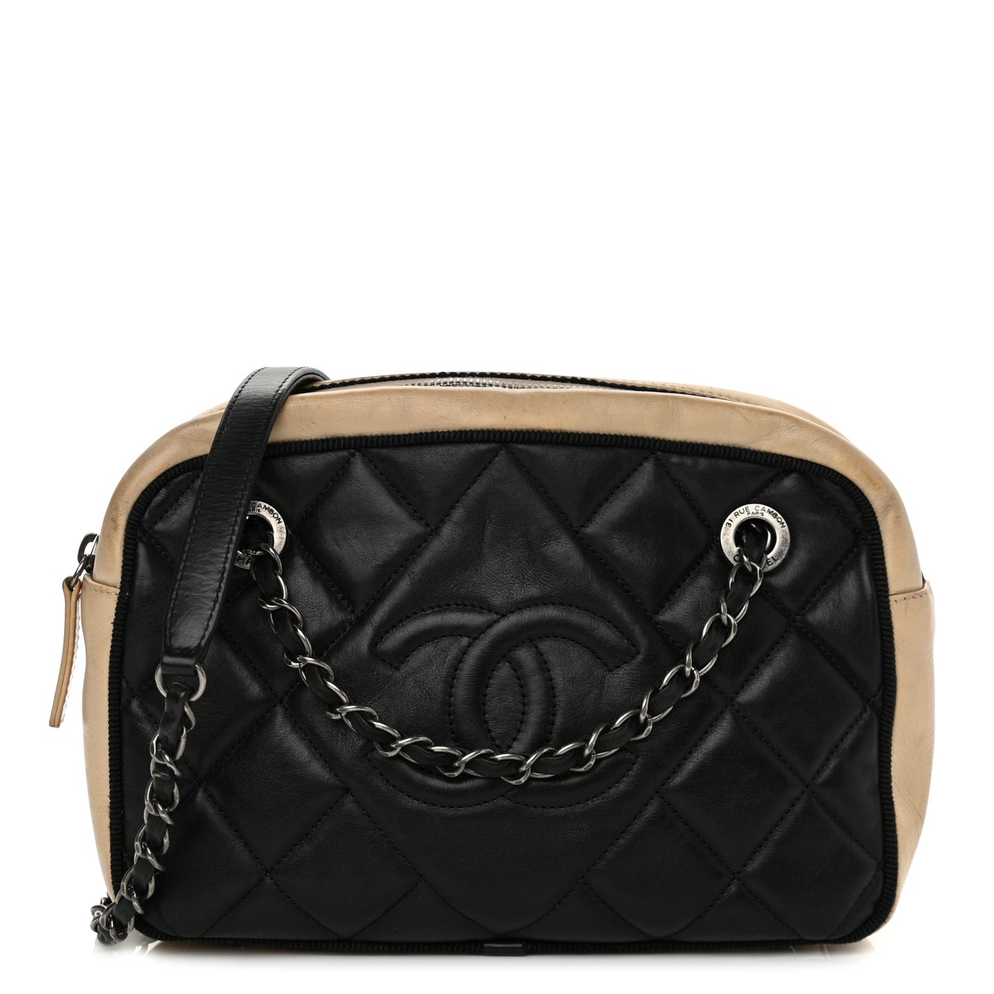 Calfskin Quilted Small Ballerine Camera Case Black Beige