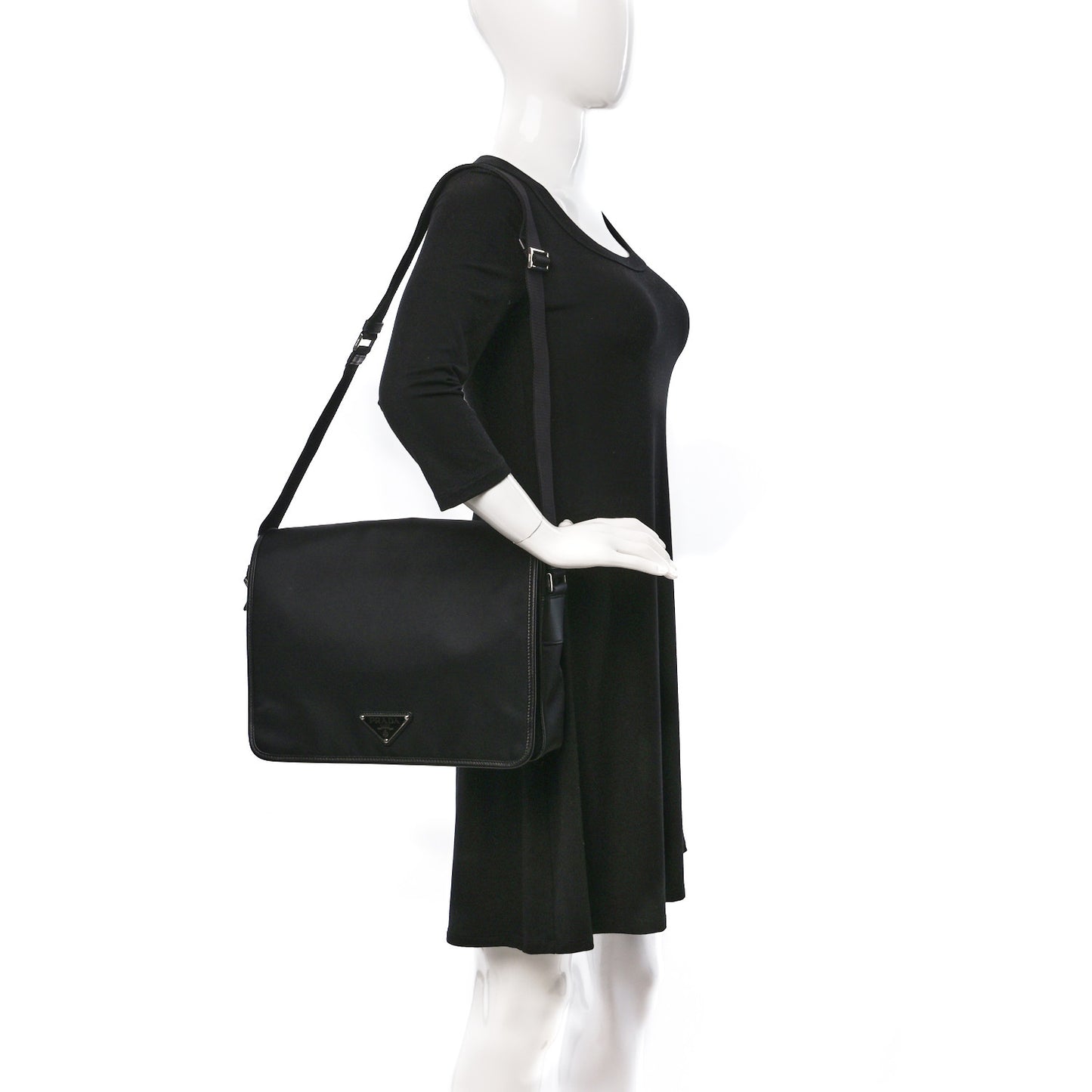 Tessuto Nylon Saffiano Flap Messenger Bag Black