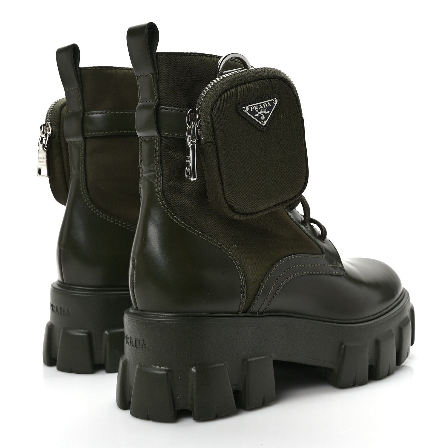 Prada Spazzolato Rois Re-Nylon Metal Triangle Logo Monolith Pouch Pocket 55mm Boots 38 Militare 4 of 9
