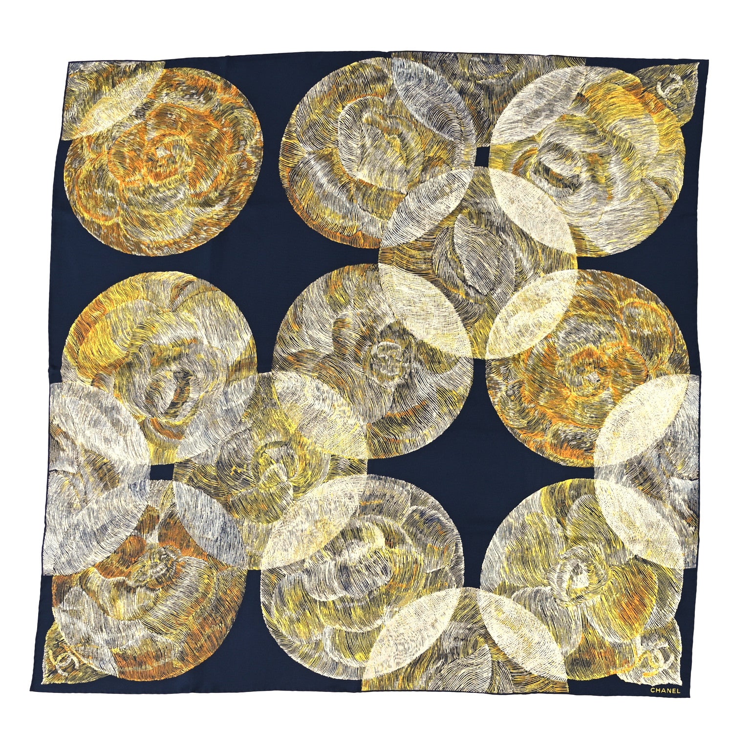 Chanel Silk Camellia Scarf Navy Yellow 1 of 3