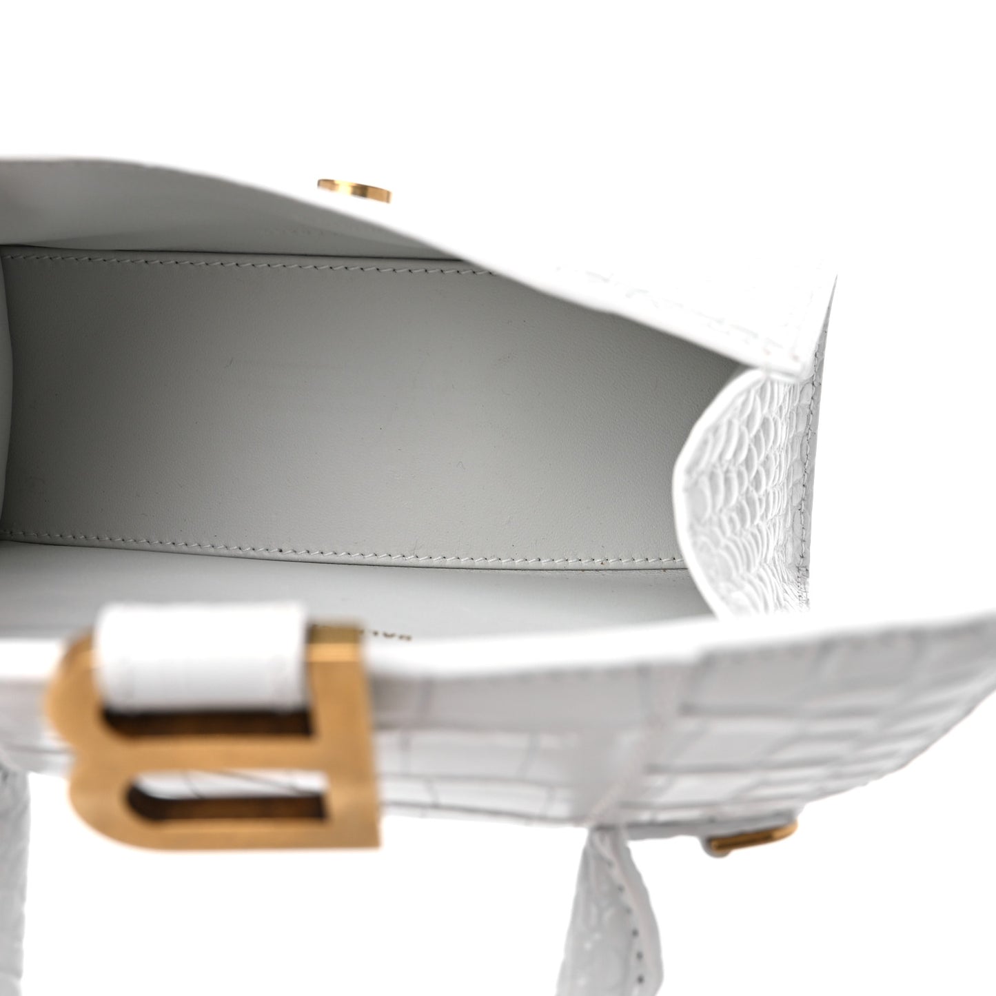 Shiny Calfskin Crocodile Embossed Hourglass Top Handle Bag XS White