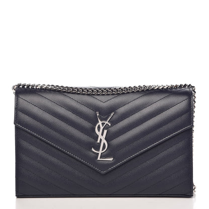 Saint Laurent Grain De Poudre Matelasse Chevron Monogram Chain Wallet Deep Marine 1 of 9