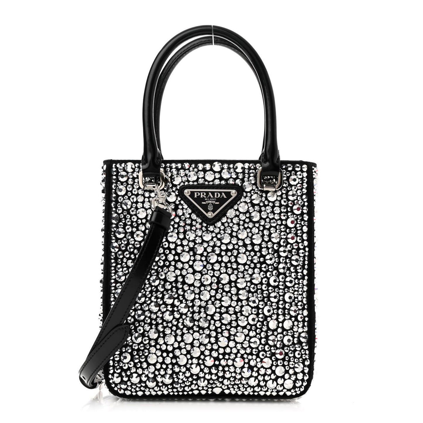 Satin Crystal Metal Triangle Logo Small Double Handle Crossbody Tote Metal