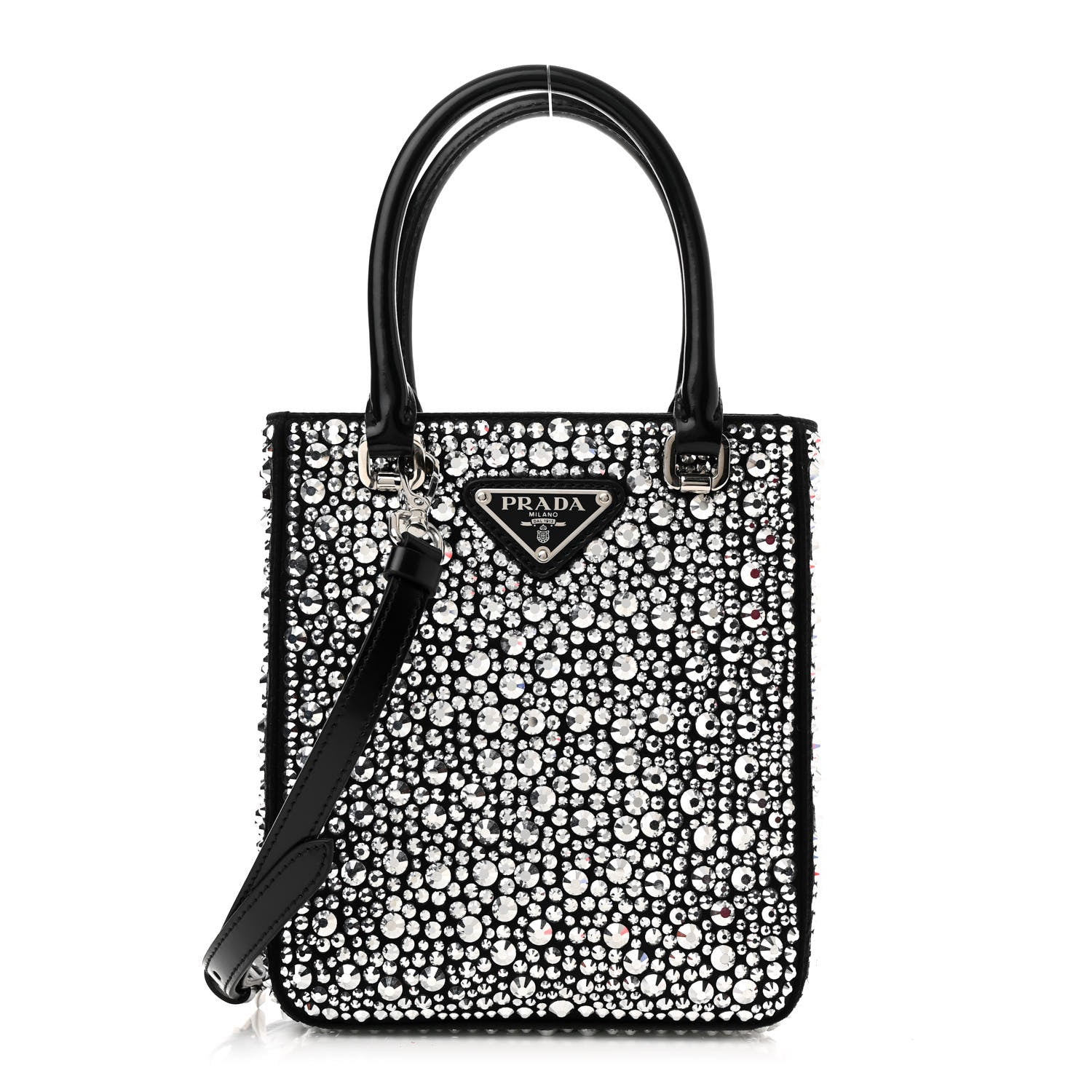 Prada Satin Crystal Metal Triangle Logo Small Double Handle Crossbody Tote Metal 1 of 10
