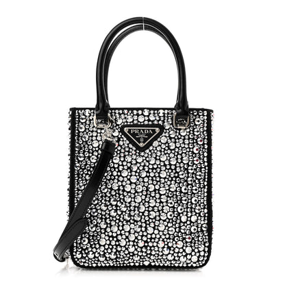 Prada Satin Crystal Metal Triangle Logo Small Double Handle Crossbody Tote Metal 1 of 10
