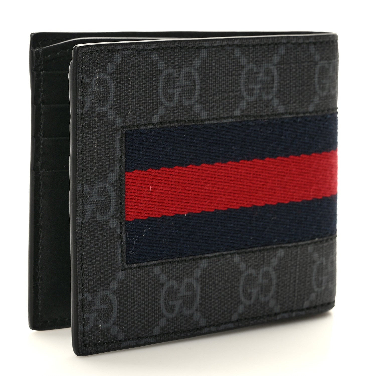 Gucci GG Supreme Monogram Selleria Calfskin Web New Web Bi-Fold Wallet Black 3 of 7