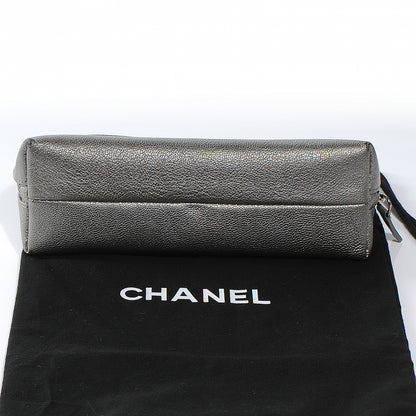 Chanel Leather Cosmetic Case Make Up Bag Pouch Silver 7 of 8