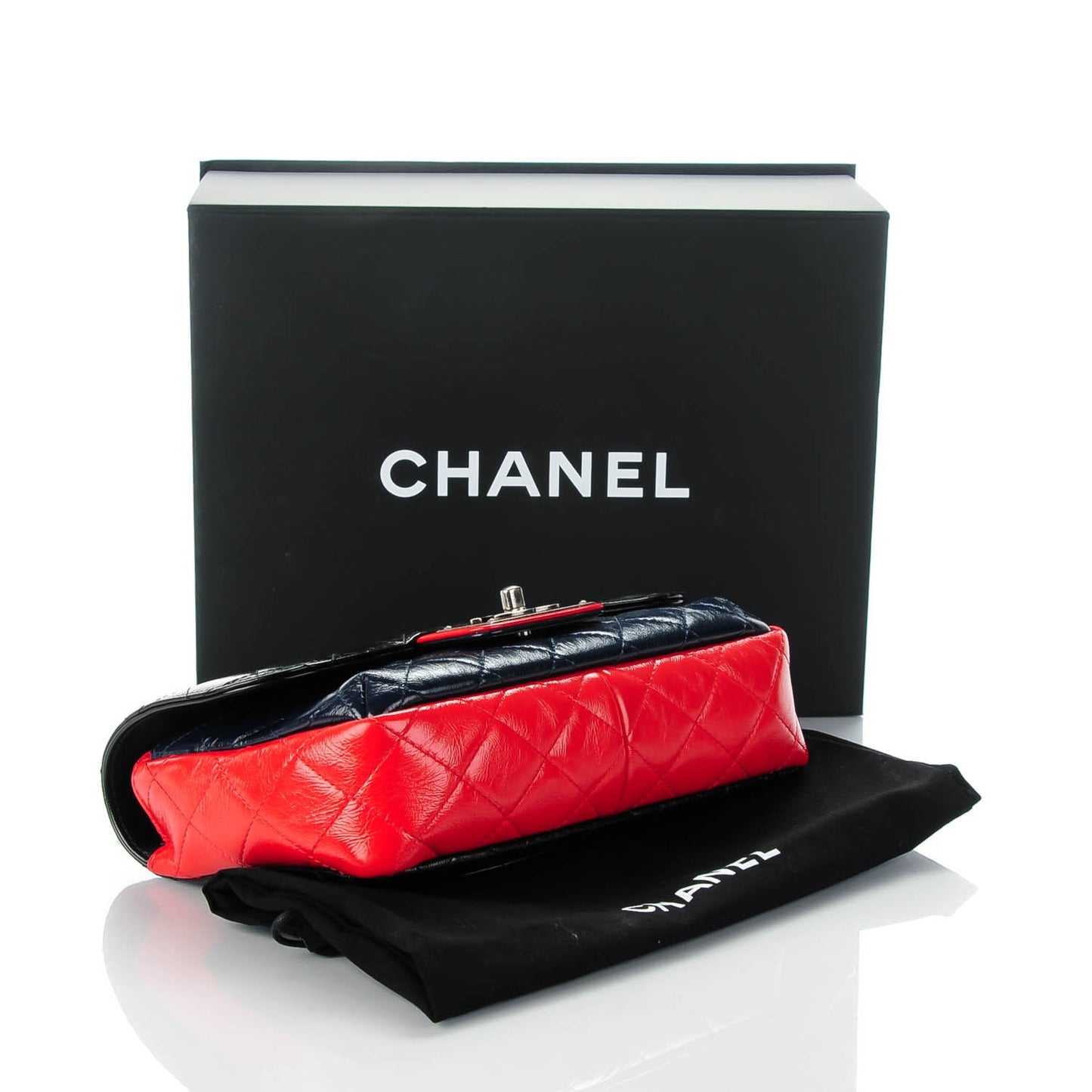 Shiny Goatskin Quilted Tri-Color Flap Black Red Navy