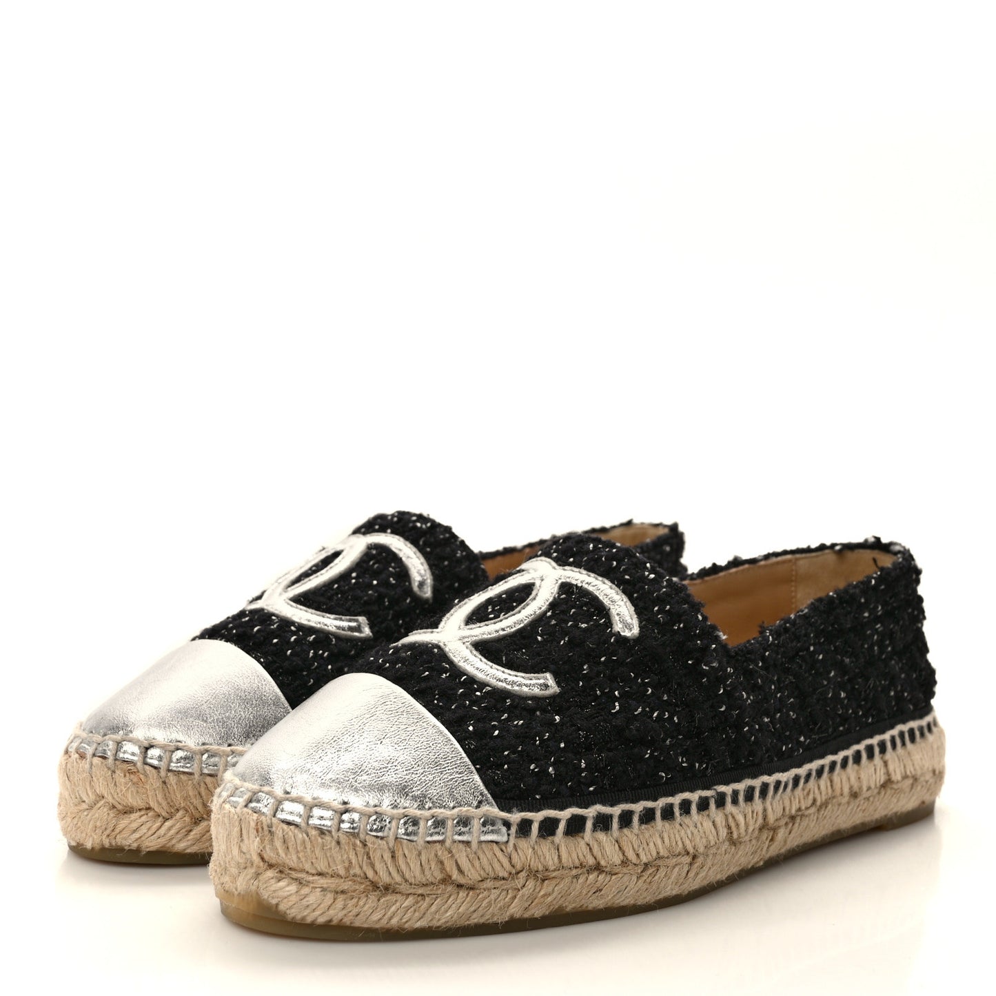 Metallic Lambskin Tweed CC Espadrilles 37 Black Silver