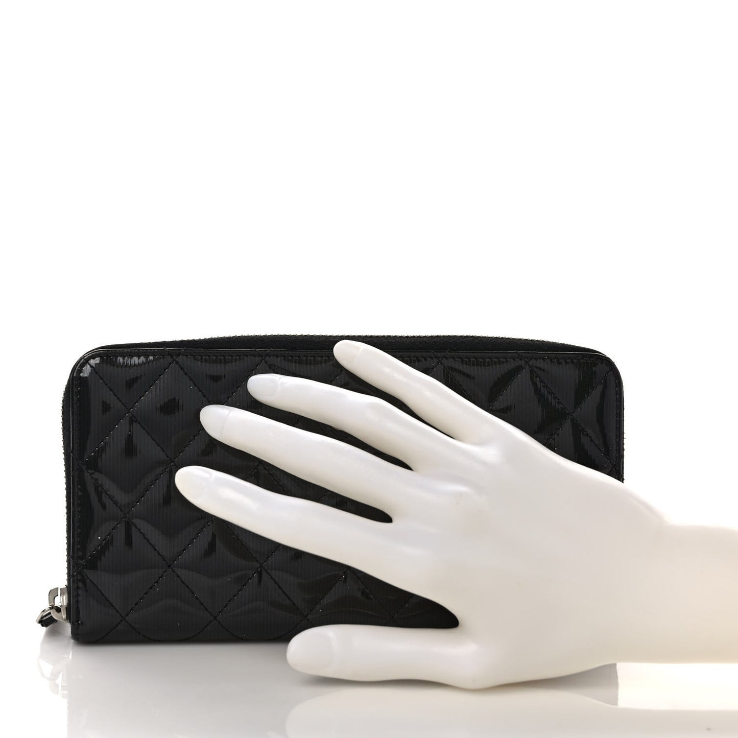 Striated Patent Zip Around Wallet Black