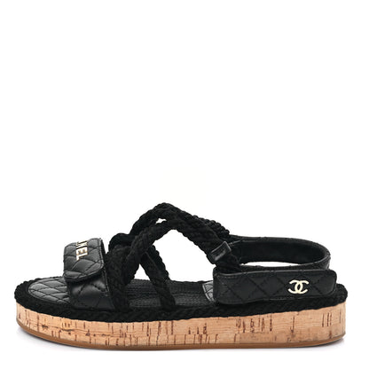 Chanel Cord Lambskin Quilted Logo Sandals 36 Black 1 of 8