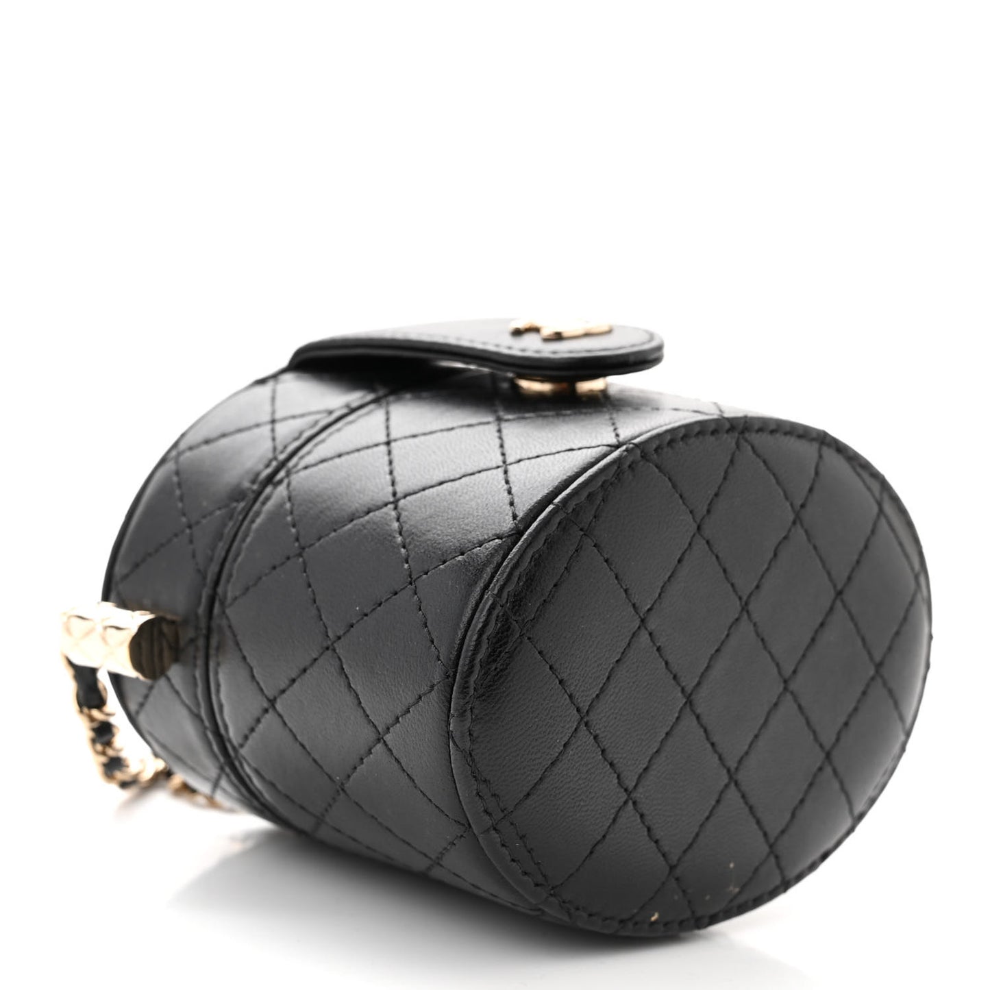Lambskin Quilted Mini Round Vanity Case With Chain Black