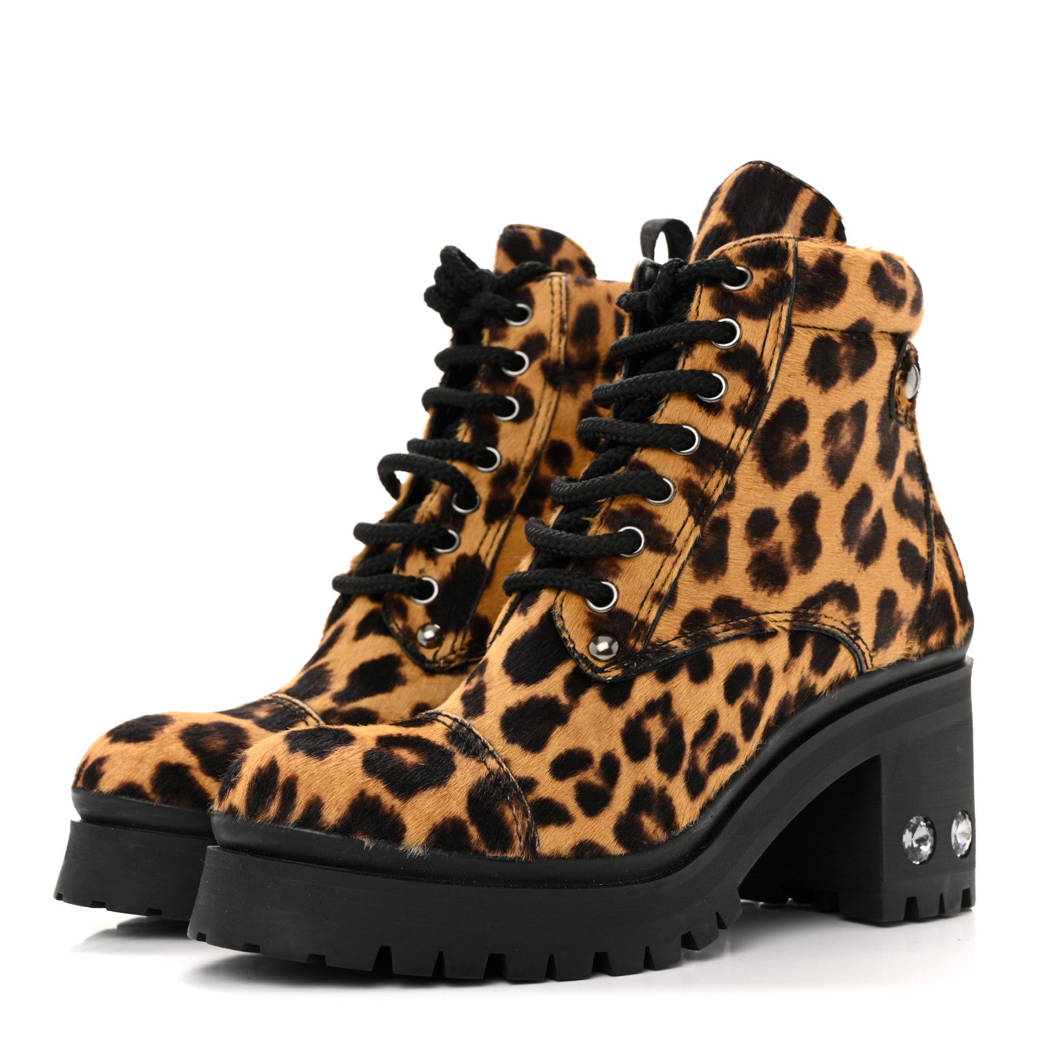 Miu Miu Cavallino Calf Hair Leopard Lace Up Boots 37.5 Miele 4 of 10
