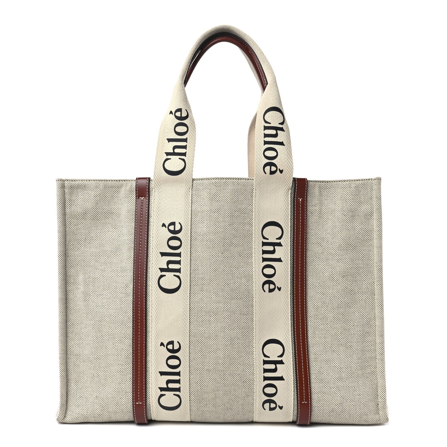 Chloe Cotton Calfskin Large Woody Ribbon Tote White Brown 1 of 13