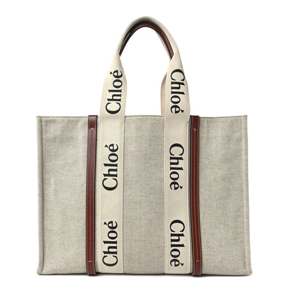 Chloe Cotton Calfskin Large Woody Ribbon Tote White Brown 1 of 13