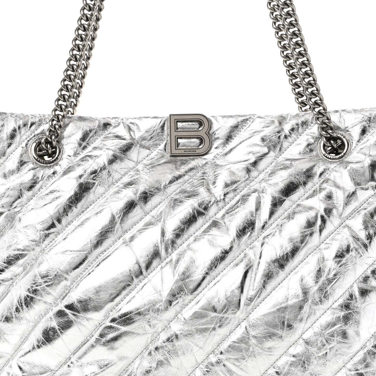 Metallic Crushed Calfskin Quilted Medium Crush Carry All Tote Bag Silver