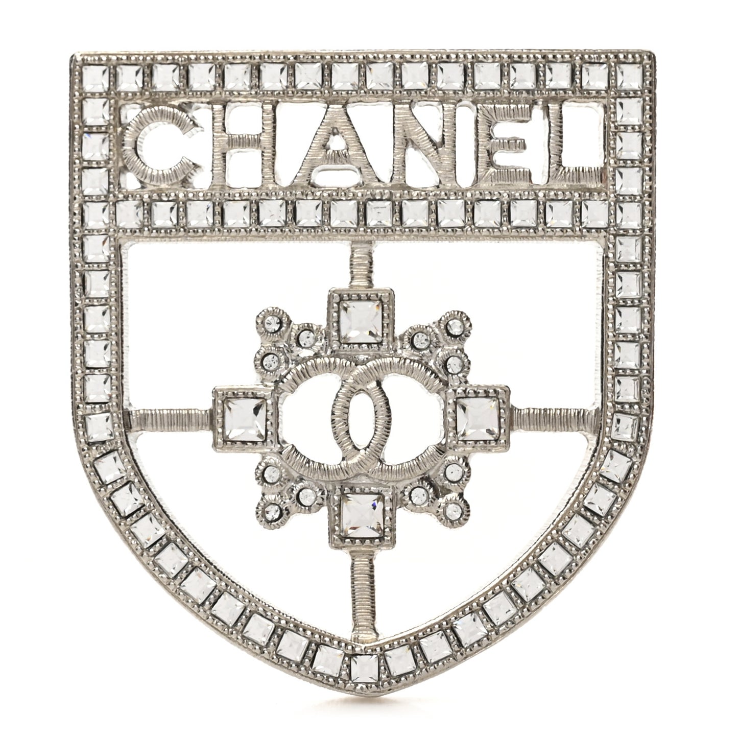 Swarovski Baguette Crystal CC Shield Brooch Silver