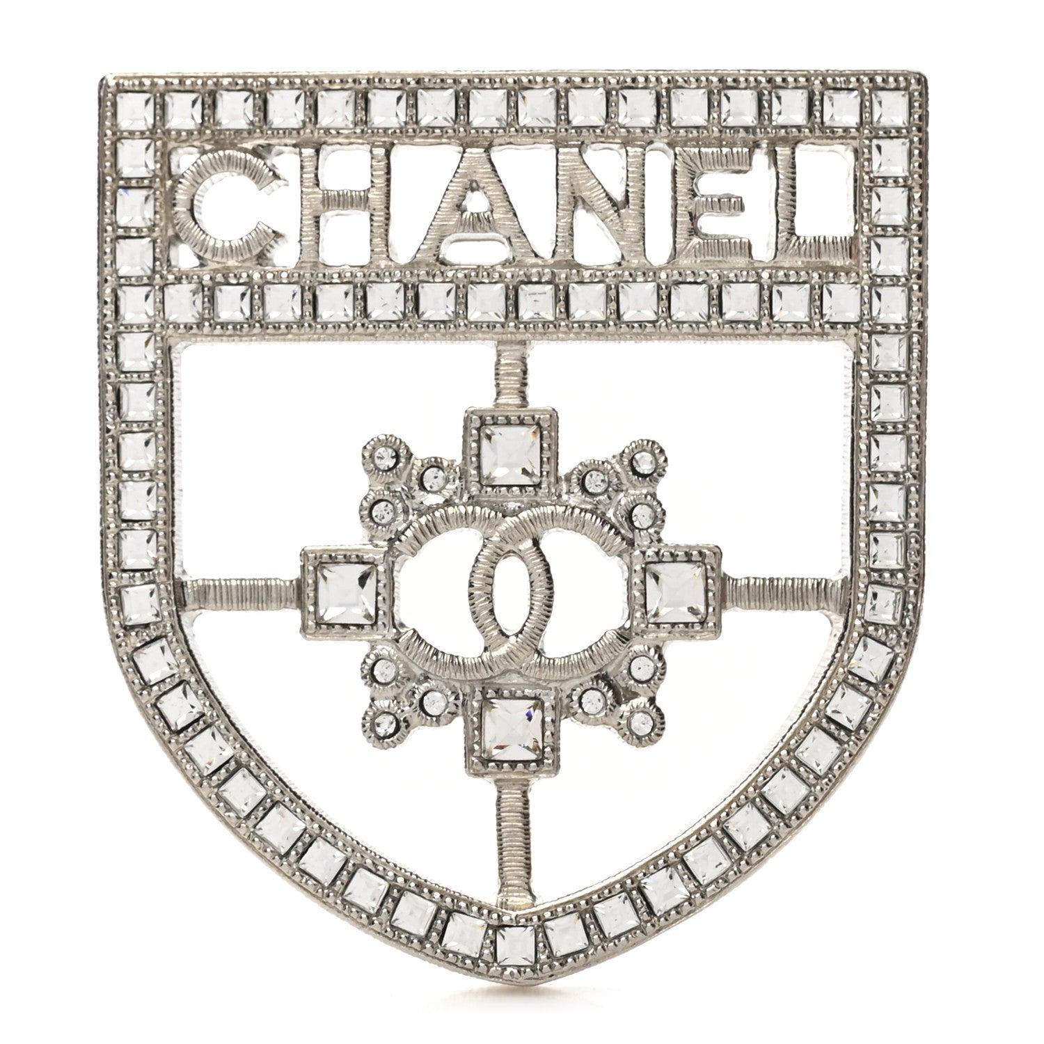 Chanel Swarovski Baguette Crystal CC Shield Brooch Silver 1 of 3