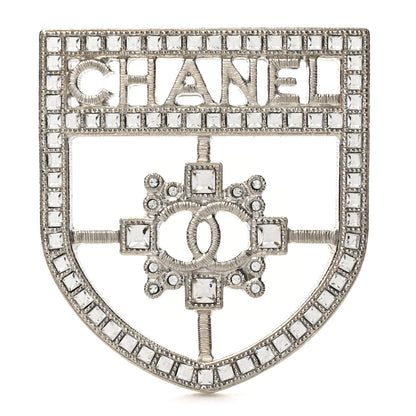 Chanel Swarovski Baguette Crystal CC Shield Brooch Silver 1 of 3