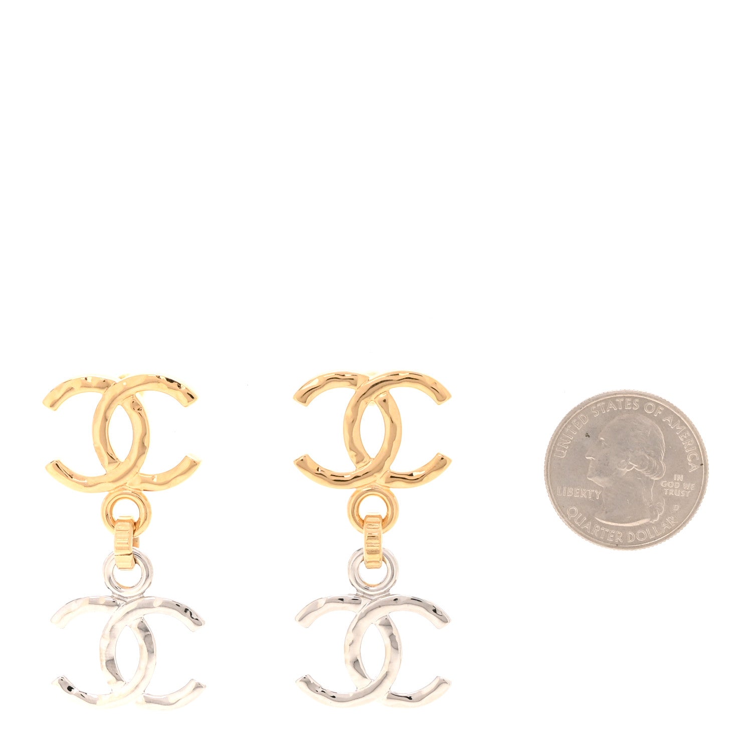 Chanel Metal CC Pendant Drop Earrings Gold Silver 2 of 5