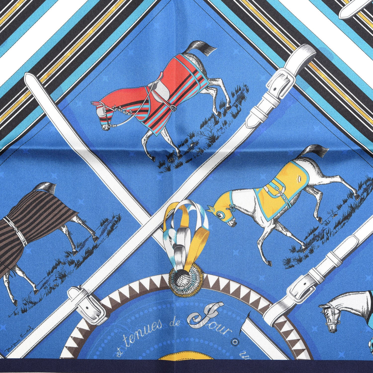 Hermes Silk Couvertures Et Tenues Double Face Scarf 90 Bleu Gold Black 2 of 3