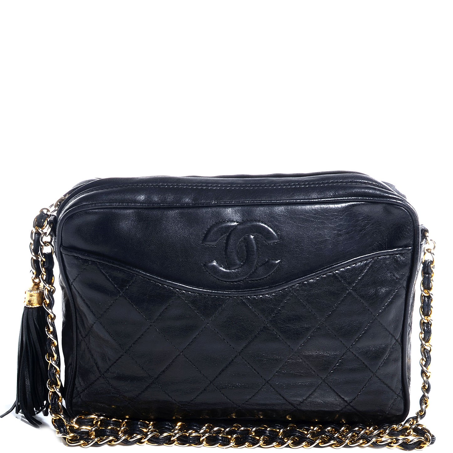Lambskin Quilted Tassel Camera Case Black