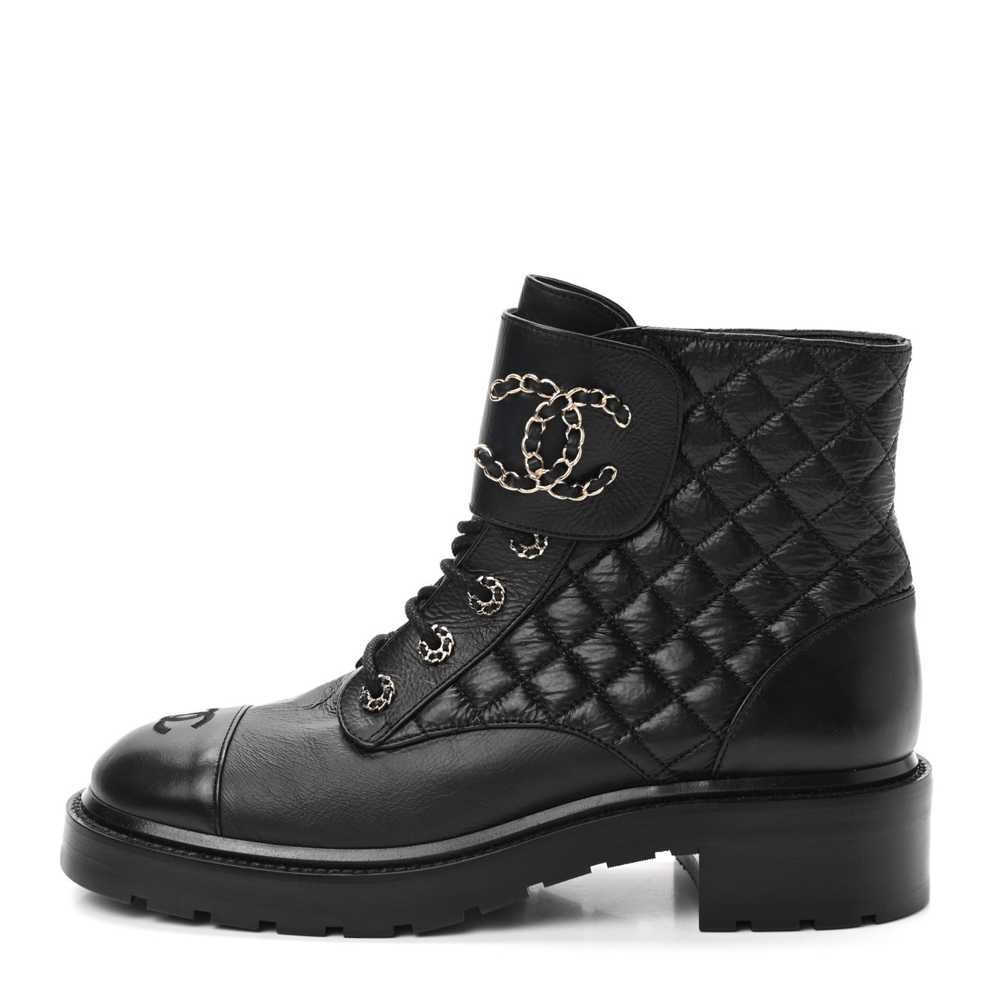 Shiny Goatskin Calfskin Quilted Lace Up Combat Boots 41.5 Black
