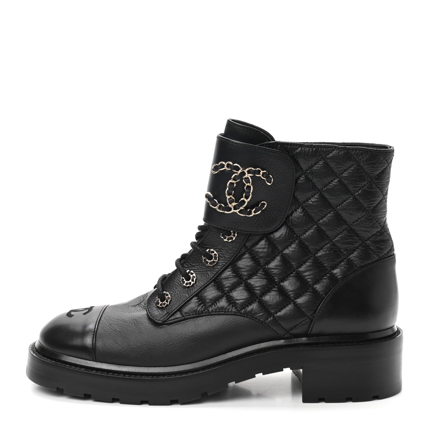 Chanel Shiny Goatskin Calfskin Quilted Lace Up Combat Boots 41.5 Black 1 of 8