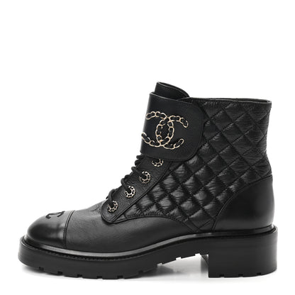 Chanel Shiny Goatskin Calfskin Quilted Lace Up Combat Boots 41.5 Black 1 of 8