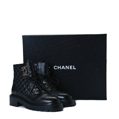 Chanel Shiny Goatskin Calfskin Quilted Lace Up Combat Boots 36.5 Black 9 of 9