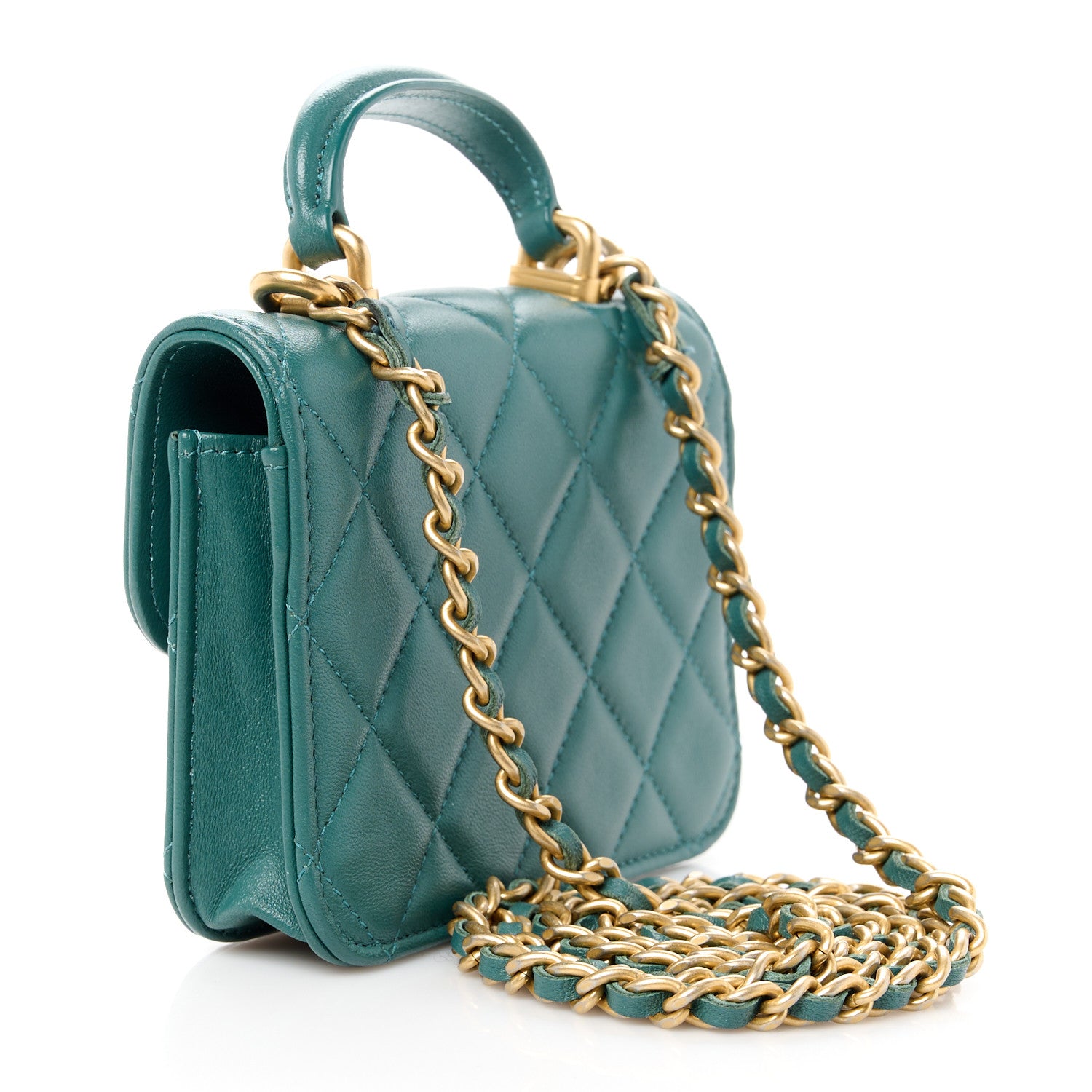 Chanel Lambskin Quilted Top Handle Flap Coin Purse With Chain Green 2 of 10