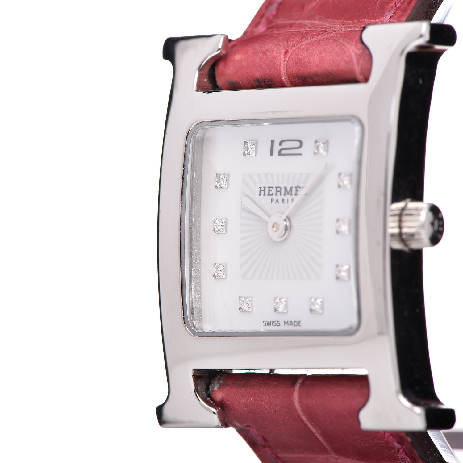 Hermes Stainless Steel Alligator Diamond Mother of Pearl 21mm Heure H Hour Quartz Watch Framboise 9 of 10