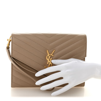 Saint Laurent Grain De Poudre Matelasse Chevron Monogram Envelope Clutch Dark Beige 2 of 7