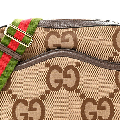 Gucci Monogram Jumbo GG Textured Dollar Calfskin Web Messenger Shoulder Bag Camel Ebony New Acero 8 of 11