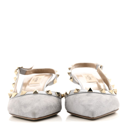Valentino Garavani Suede Nappa Rockstud Half d'Orsay Slingback 50mm Pumps 37.5 Pastel Grey 3 of 10