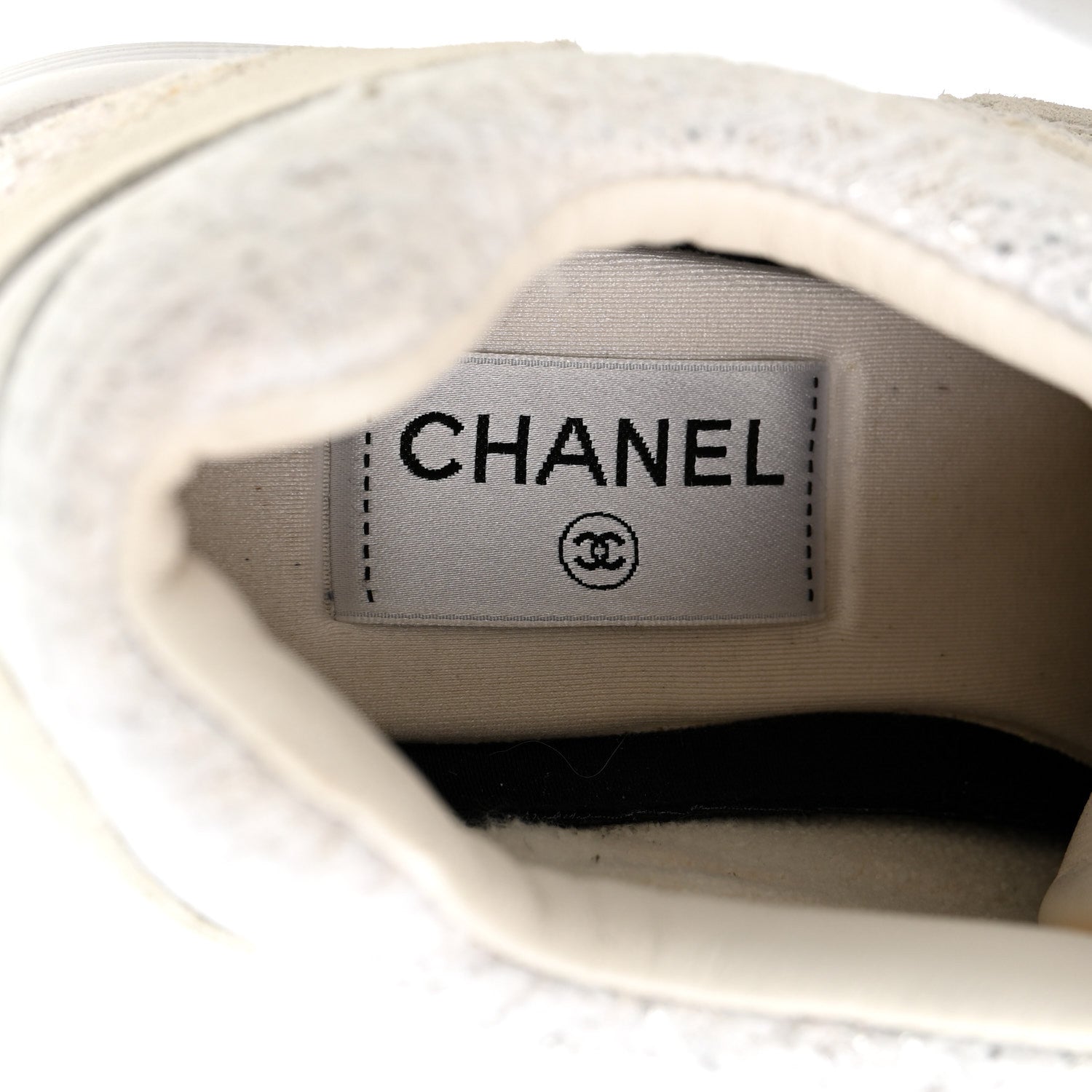 Chanel Painted Iridescent Cotton Tweed Suede Womens CC Sneakers 39 White Silver Multicolor 8 of 16