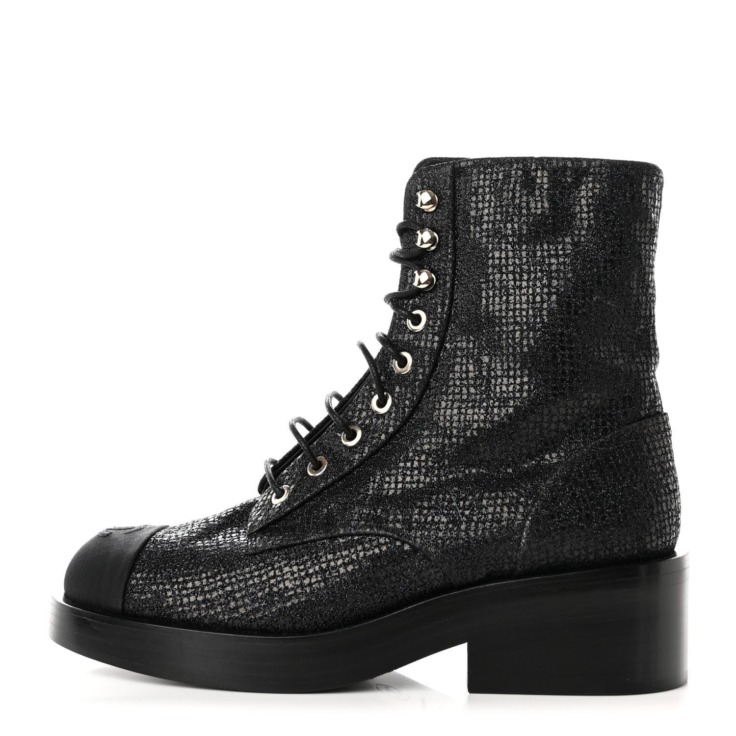 Chanel Fabric Grosgrain CC Combat Short Boots 37.5 Black 1 of 11
