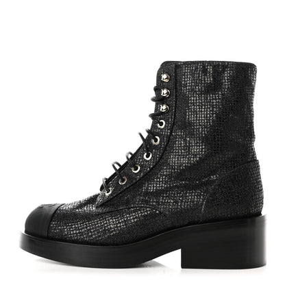 Chanel Fabric Grosgrain CC Combat Short Boots 37.5 Black 1 of 11