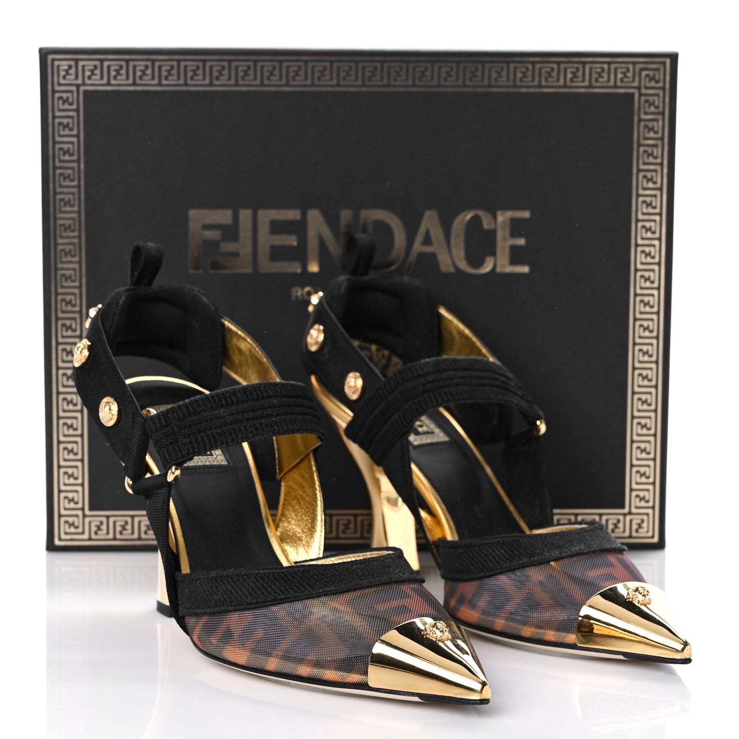 X VERSACE Technical Mesh FF Colibri 85mm Slingback Pumps 39 Tobacco Black