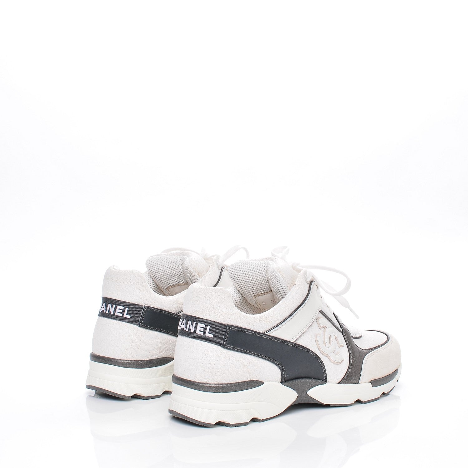 Chanel Suede Calfskin CC Sneakers 37 White Grey 4 of 10