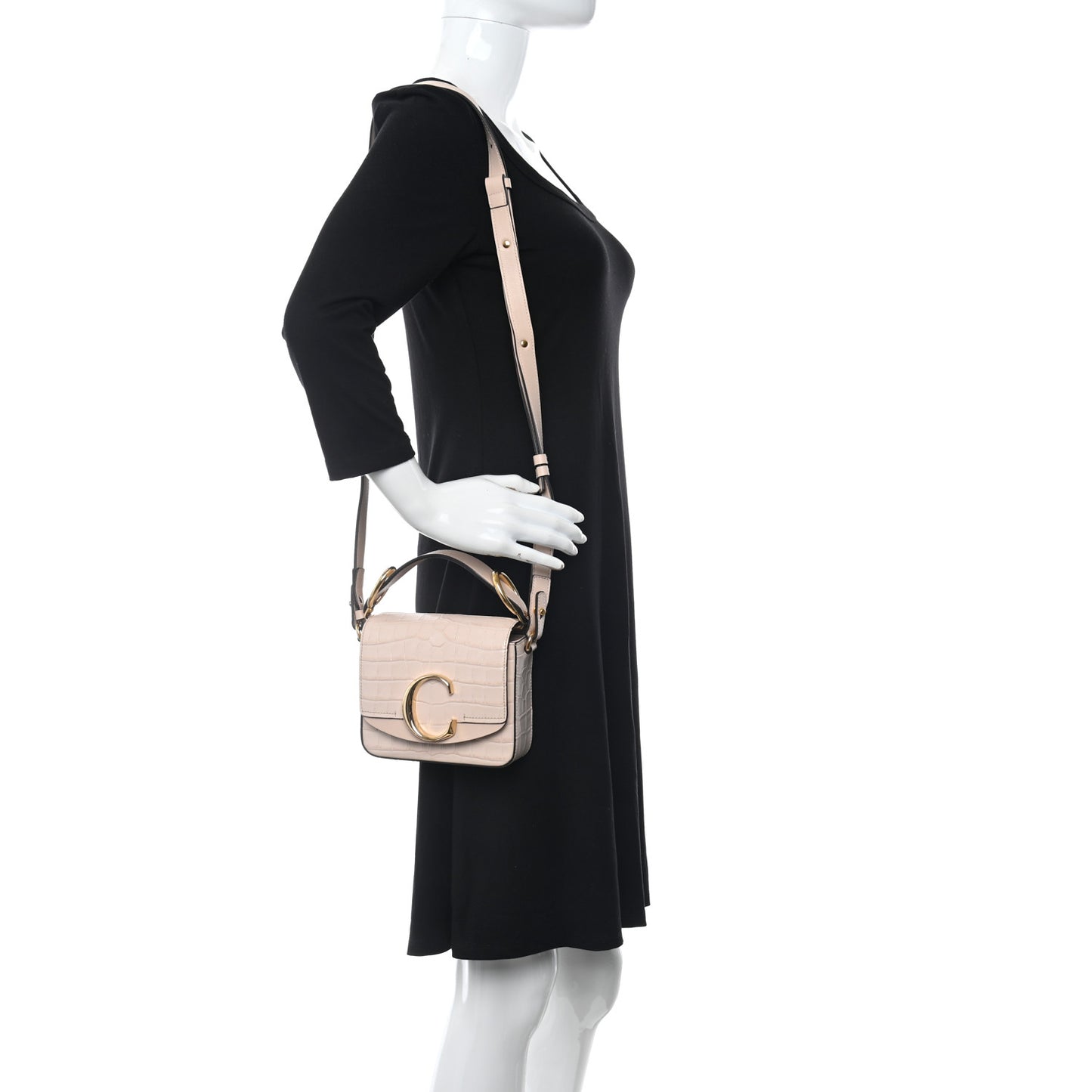 Calfskin Crocodile Embossed Mini C Double Carry Cement Pink