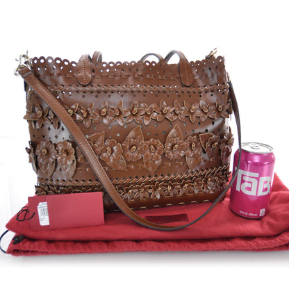 Valentino Garavani Calfskin Punched Lace Floral Tote Cognac 3 of 8